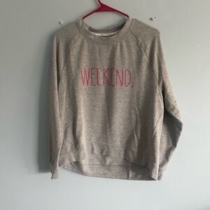 Rae Dunn Heather Gray Sweater with Pink Weekend Print